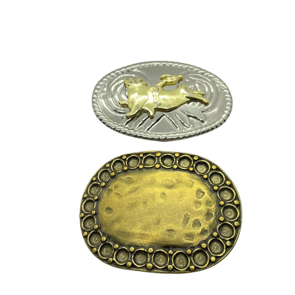Belt Buckle Pair Of 2 Men's Silver Gold Tone Oval Shaped Bull Rider Vintage Look